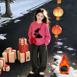 女童毛衣加绒秋冬款2026新款中大童提花兔子毛衣毛呢裤套装