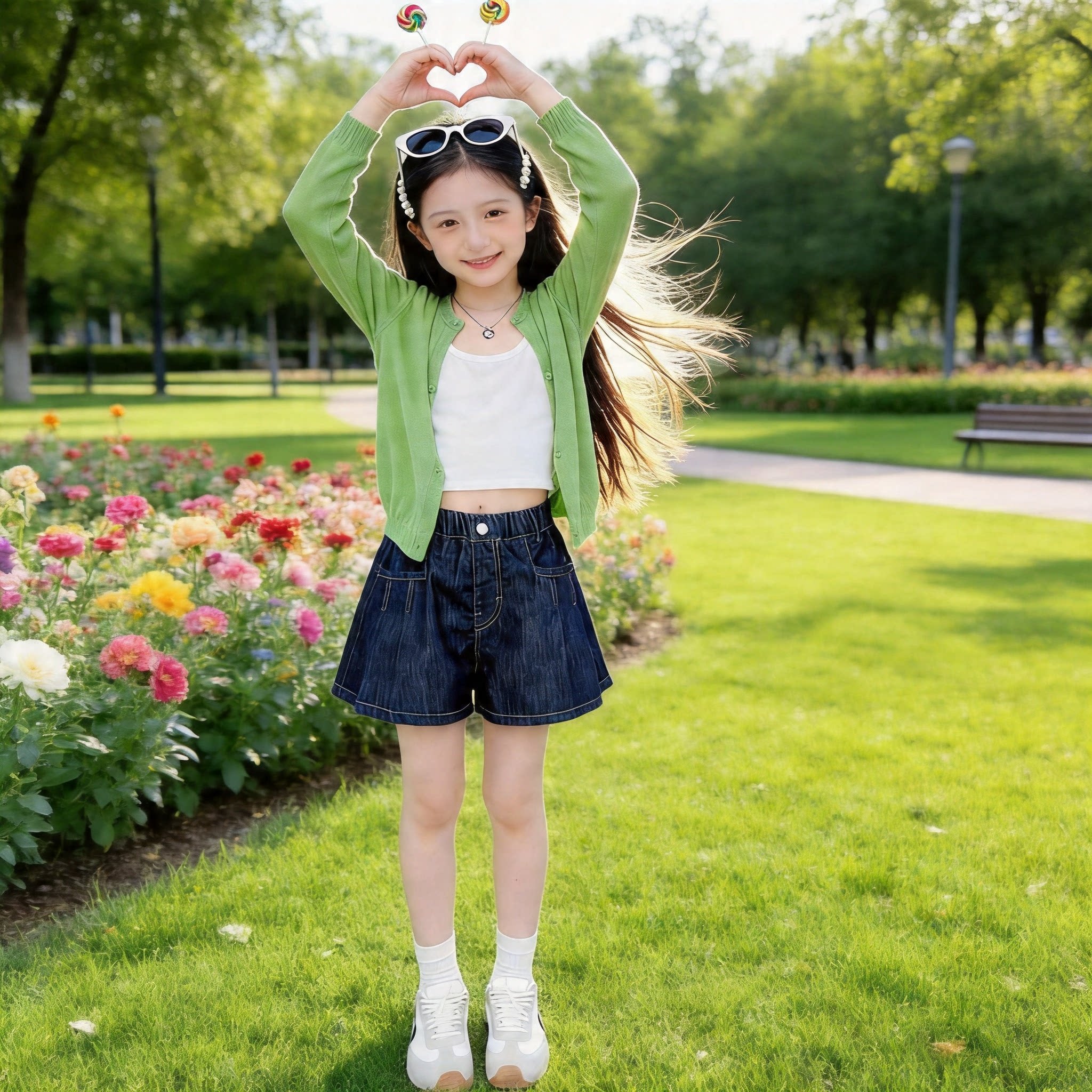 女童冰感纤维防晒开衫外套夏季薄款绿色针织中大童牛仔短裤套装图片