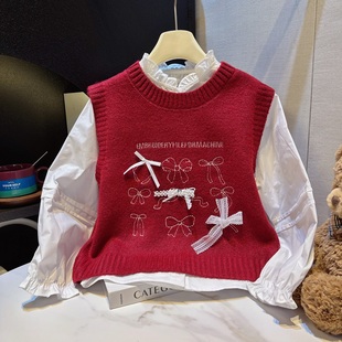 女童衬衫马甲两件套春季2026新款中大童女童套装初中生蝴蝶结套装