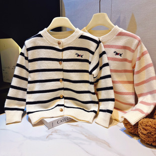 女童开衫毛衣春秋款2026中大童条纹针织开衫洋气毛衣外套薄款上衣