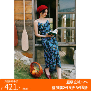 度假风收腰印花吊带连衣裙裙子 1OO%真丝建宏绉 蓝色玛格丽特