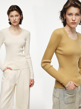 【TEC可机洗羊毛】48支 扬子纱 U领坑条修身显瘦针织羊毛打底衫女