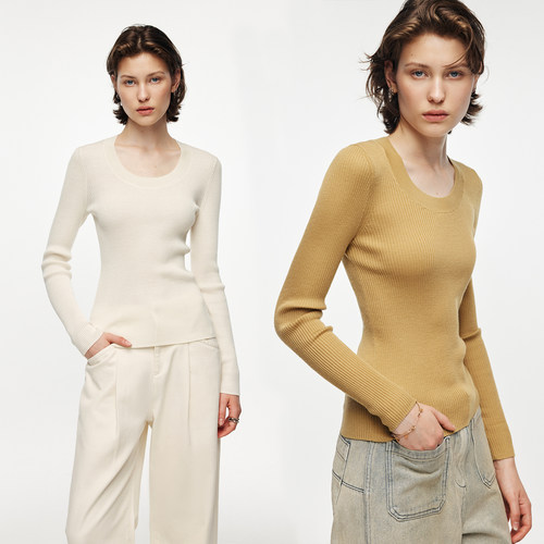 【TEC可机洗羊毛】48支 扬子纱 U领坑条修身显瘦针织羊毛打底衫女