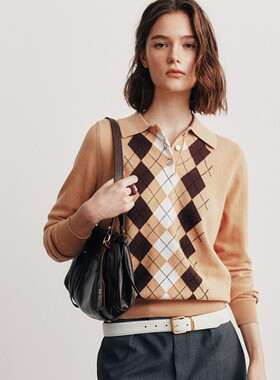 【塔尖品质】1OO%羊毛 简约通勤POLO领长袖菱格纹提花针织衫女