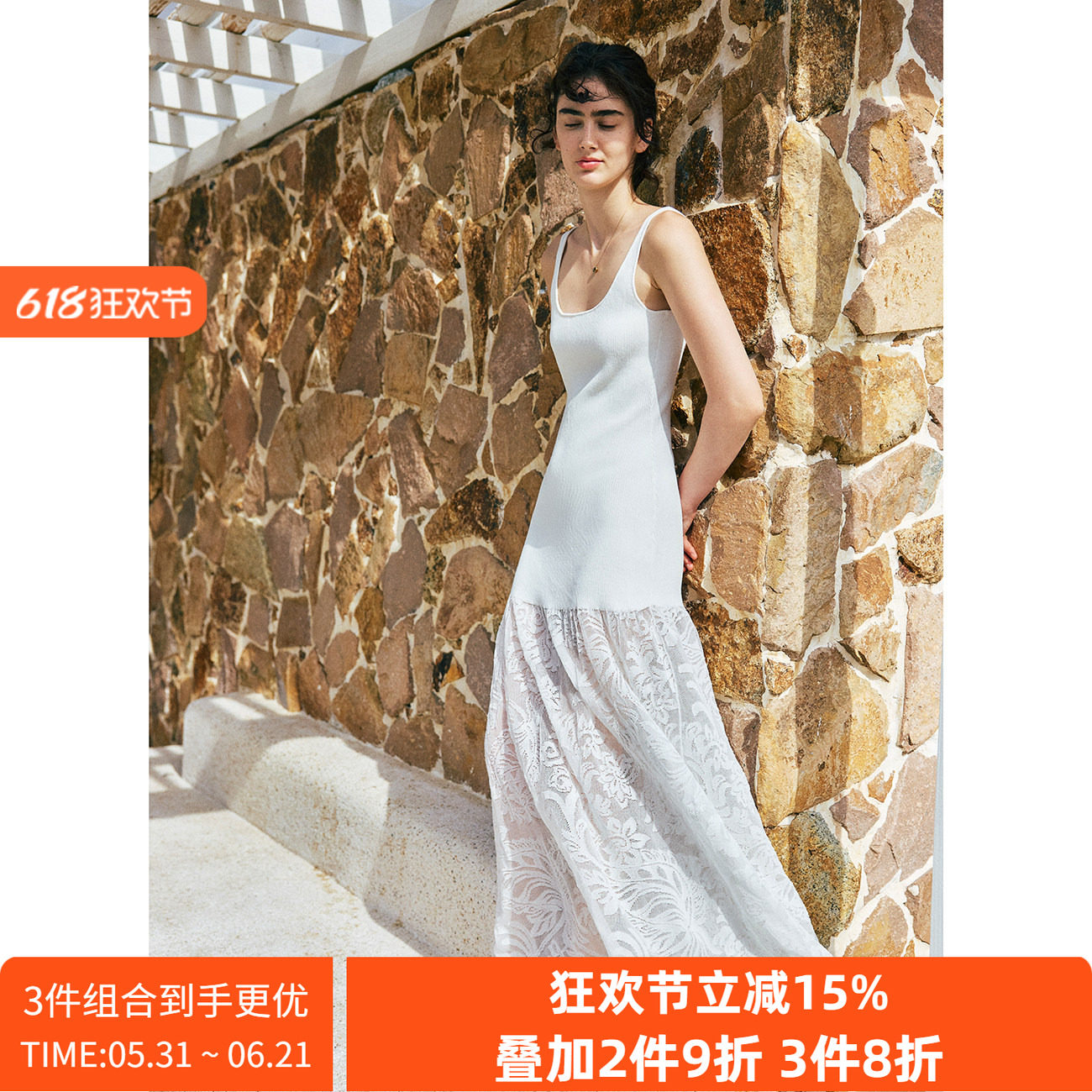 bec【耗时200分钟】重工镂空钩花 方领无袖蕾丝拼接背心连衣裙