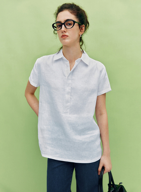 【爆款推荐】1OO%亚麻 老钱风POLO领小马标刺绣短袖宽松衬衫女