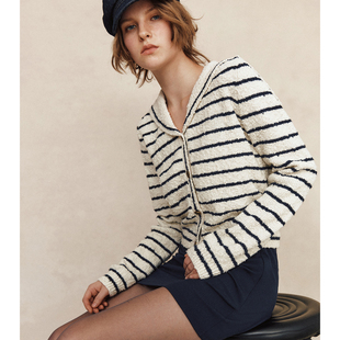 【航海日志】绵羊毛+山羊绒 复古海军领蓝白条纹针织开衫上衣女
