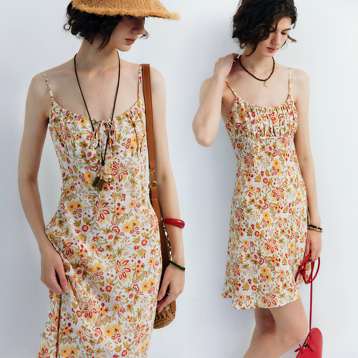 【45度斜裁】1OO%真丝 度假风细肩带重工打揽碎花印花吊带连衣裙