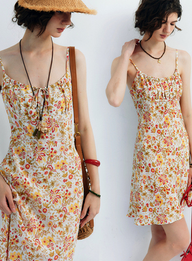 【45度斜裁】1OO%真丝 度假风细肩带重工打揽碎花印花吊带连衣裙