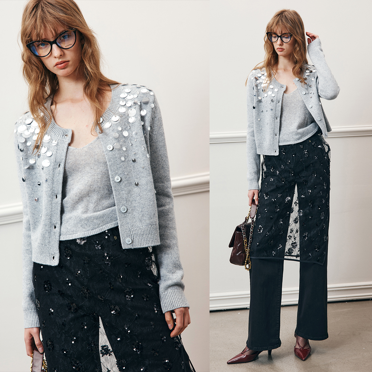 【现货】羊毛+羊绒 重工钉珠 短款针织开衫+吊带背心两件套