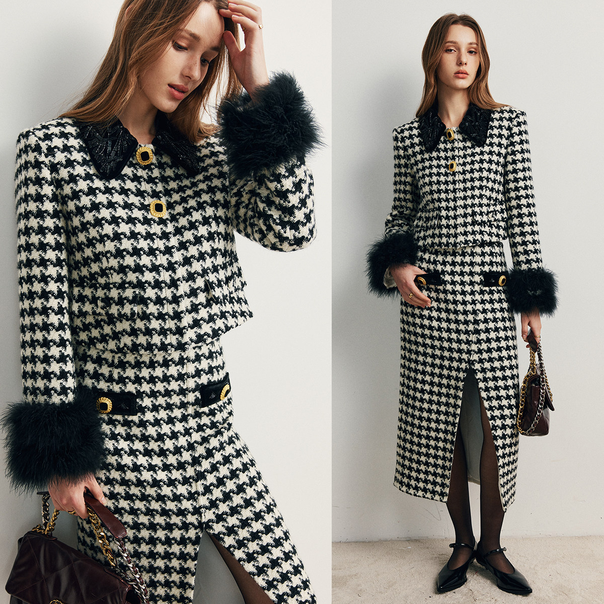 【优雅显贵】小香风重工仙鹤刺绣千鸟格绗棉棉服外套+半裙套装女