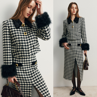 半裙套装 小香风重工仙鹤刺绣千鸟格绗棉棉服外套 女 优雅显贵