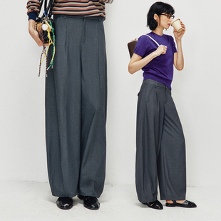 格雷系高阶通勤半松紧腰弯刀阔腿西装 立体剪裁 裤 智性通勤