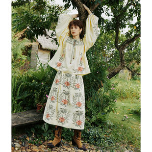 轻氧因子 衬衫 1OO%亚麻 重工刺绣减龄娃娃衫 A字半裙套装 法式