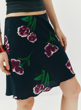 【紫色郁金香】1OO%真丝 法式复古浪漫松紧腰斜裁桑蚕丝印花半裙