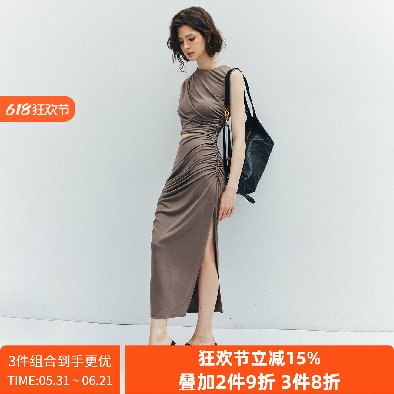 现货【红毯系列】解构设计 土澳小众圆领无袖镂空露腰褶皱连衣裙