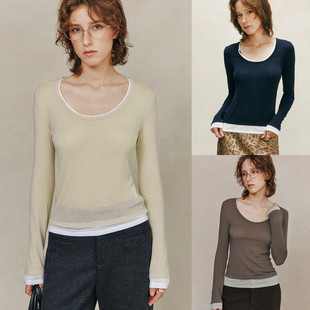 兰精天丝假两件撞色针织打底衫 山羊绒 桑蚕丝 上衣 干皮姐妹入