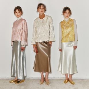 简约通勤百搭松紧腰A字中长款 1OO%醋酸缎面 半裙 加绒加厚