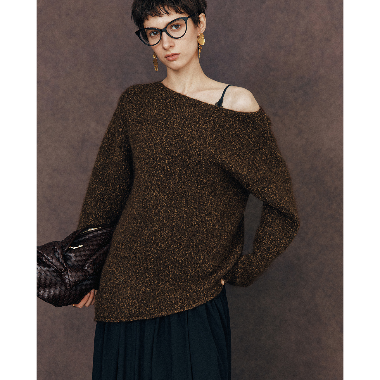 【极简row风】特种纱 一字领露肩羊毛马海毛斜裁慵懒毛衣针织衫