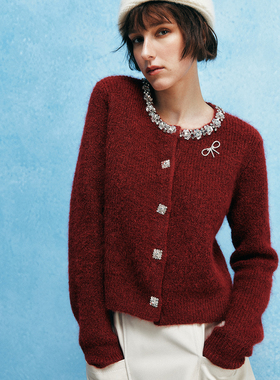 【珠光宝气】1OO%羊毛 小香风手缝水钻装饰蝴蝶结针织开衫毛衣女