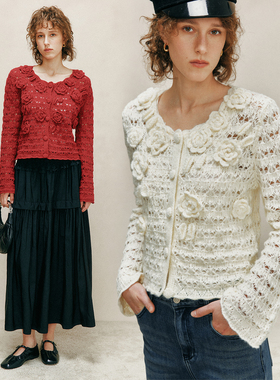 【1OO%羊毛】重工立体花朵 复杂镂空钩花圆领针织开衫上衣女