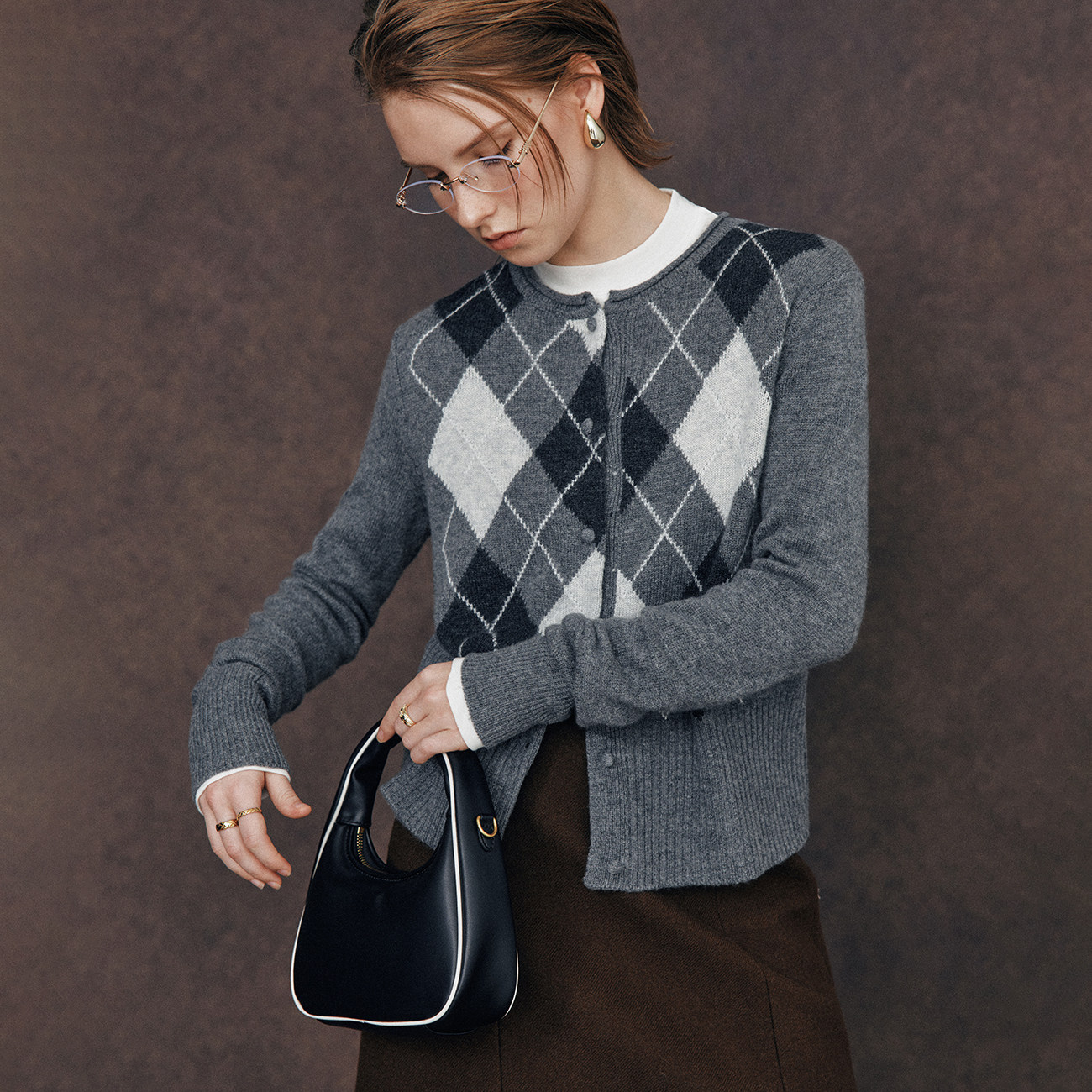 经典菱格纹提花卷边圆领针织开衫