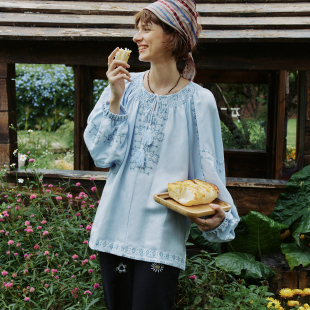 重工定位十字绣松紧打揽空气感衬衫 1OO%亚麻 衬衣 异域情调