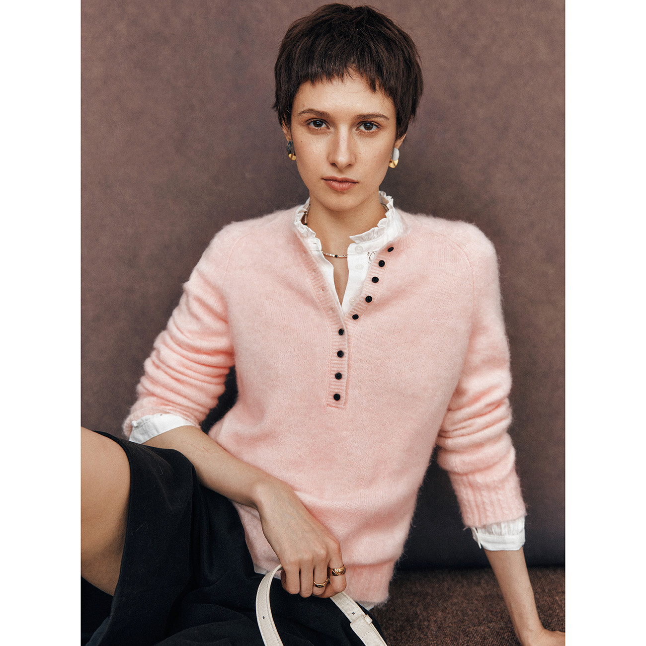 经典亨利领插肩袖拉绒针织衫毛衣