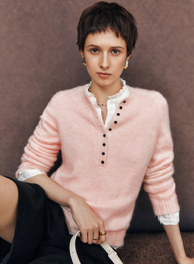 【温柔慰藉】绵羊毛+马海毛 经典亨利领插肩袖拉绒针织衫毛衣女