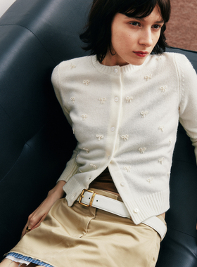 【定制纱线】高品质绵羊毛 重工手缝钉珠圆领长袖针织开衫上衣女