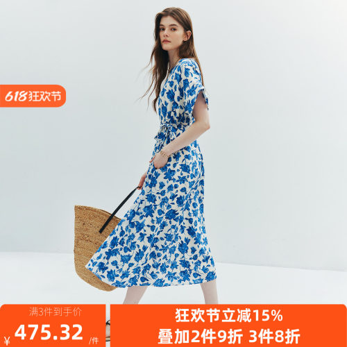 现货 1OO%真丝双绉 青花瓷水彩印花桑蚕丝连衣裙女