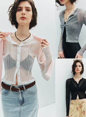 【爆款翻单】轻薄通透夏新款圆领长袖木耳边坑条针织短款透视开衫