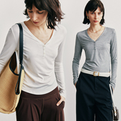 蚕丝面膜TEE 凉爽亲肤 简约舒适百搭V领修身 显瘦长袖 T恤上衣