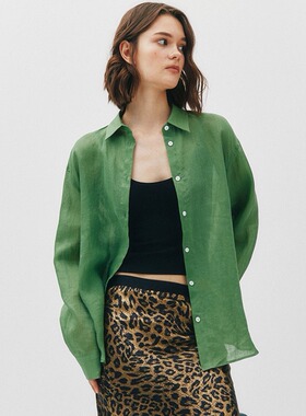 现货【亲肤透气防晒】1OO%苎麻 经典百搭宽松款翻领落肩长袖衬衫