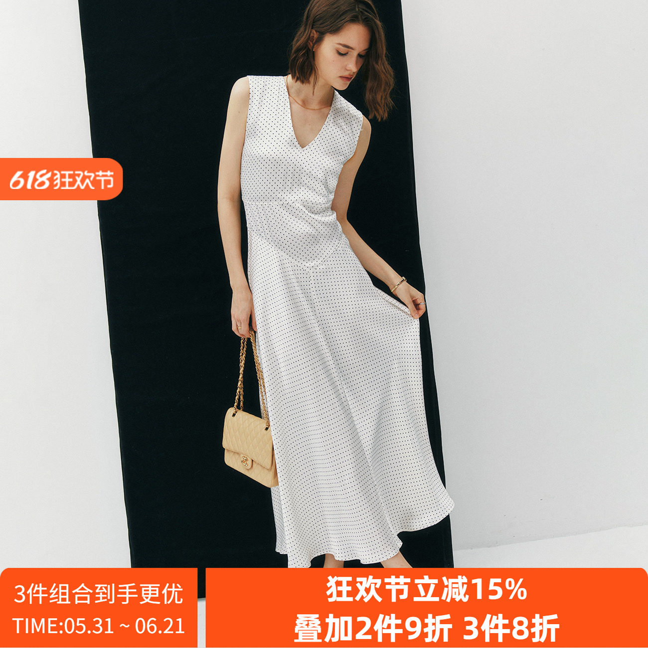 【大梨子好爱】收腰削胯 法式复古波点印花丝滑缎面无袖连衣裙