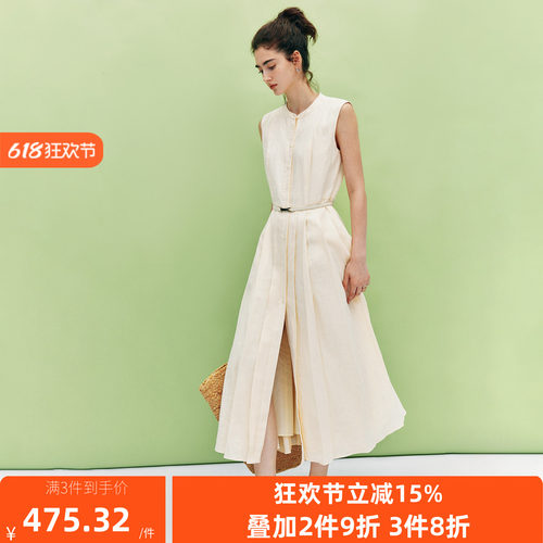 现货【高智通勤】100%亚麻圆领配腰带收腰无袖中长拼接百褶连衣裙