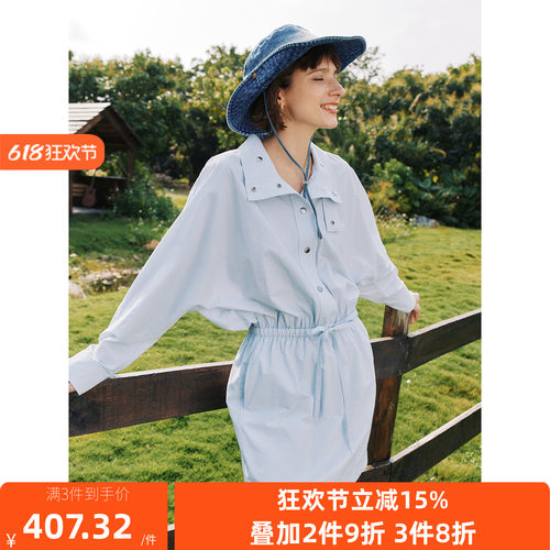 蝙蝠袖松紧抽绳收腰衬衫连衣裙