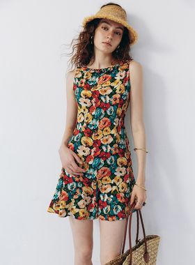 【花海精灵】1OO%桑蚕丝 油画质感 度假风无袖收腰鱼尾印花连衣裙