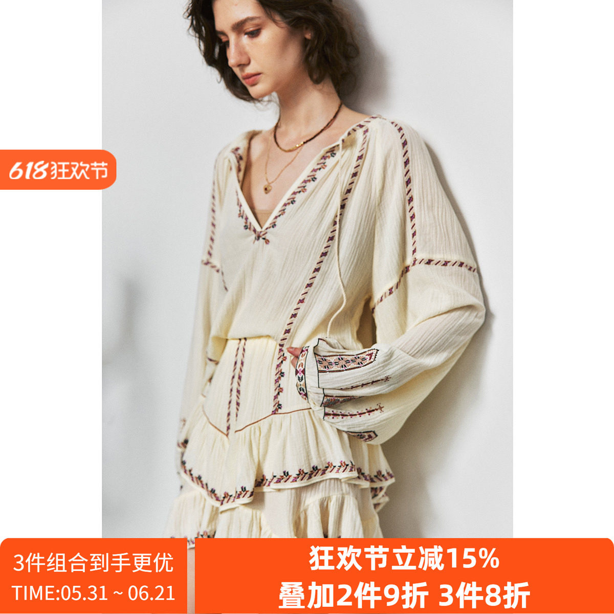 现货【游牧诗人】皱感肌理面料 波西米亚系带十字绣衬衫+短裤套装