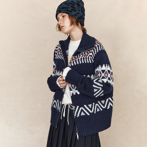 【温暖叙事】费尔岛提花 纳瓦霍几何图案高领针织开衫毛衣外套女