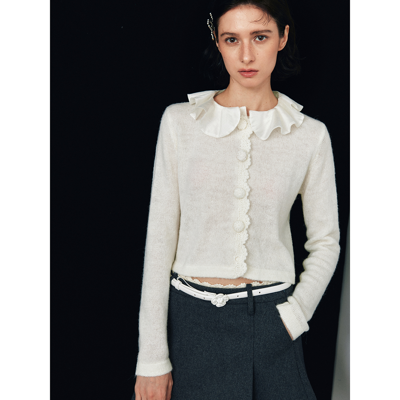 小香风复古荷叶边拼接针织开衫