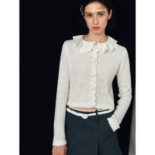 小香风复古荷叶边拼接针织开衫 马海毛 绵羊毛 上衣 霍尔特西奥