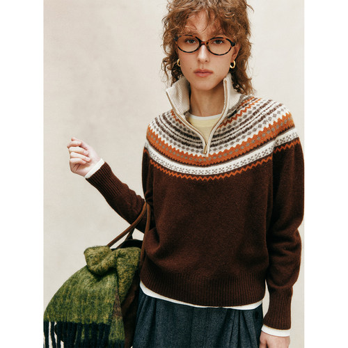 半拉链费尔岛提花毛衣+针织背心