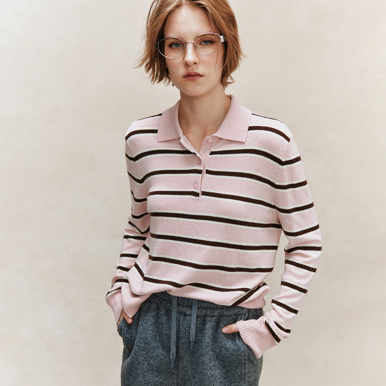 【智性通勤】山羊绒羊毛 抗起球纤维POLO领套头条纹针织衫上衣