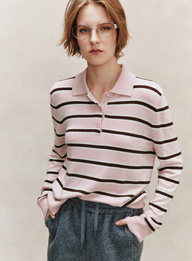 【智性通勤】山羊绒羊毛 抗起球纤维POLO领套头条纹针织衫上衣