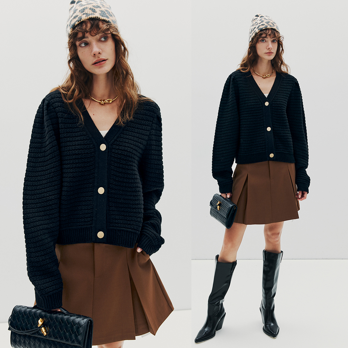 元！尾【法式小香风】菠萝针织V领泡泡袖金扣羊毛针织开衫外套