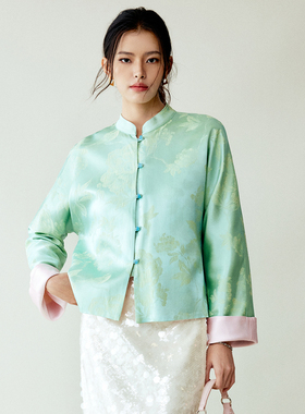 现货~闭眼入！1OO%真丝桑波缎 两面穿立领对襟提花刺绣新中式外套