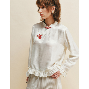 【与春宴词】真丝提花缎 新中式国风斜襟盘扣小马刺绣衬衫衬衣女