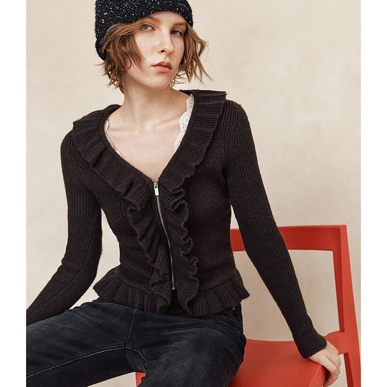 荷叶边领拉链修身显瘦针织开衫