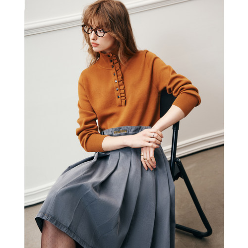 【现货】精纺超细羊毛 法式木耳边领徽标刺绣针织衫毛衣上衣